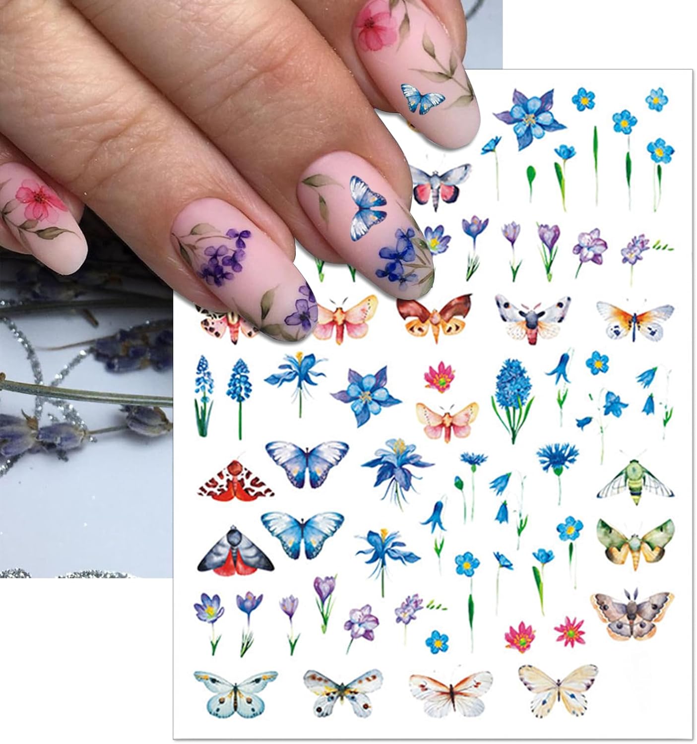 12 Sheets Flower Nail Art Stickers, Self-Adhesive Variety Colorful Floral Nail Decals, 3D Design Butterflies Dragonfly Nail Decorations for Women
