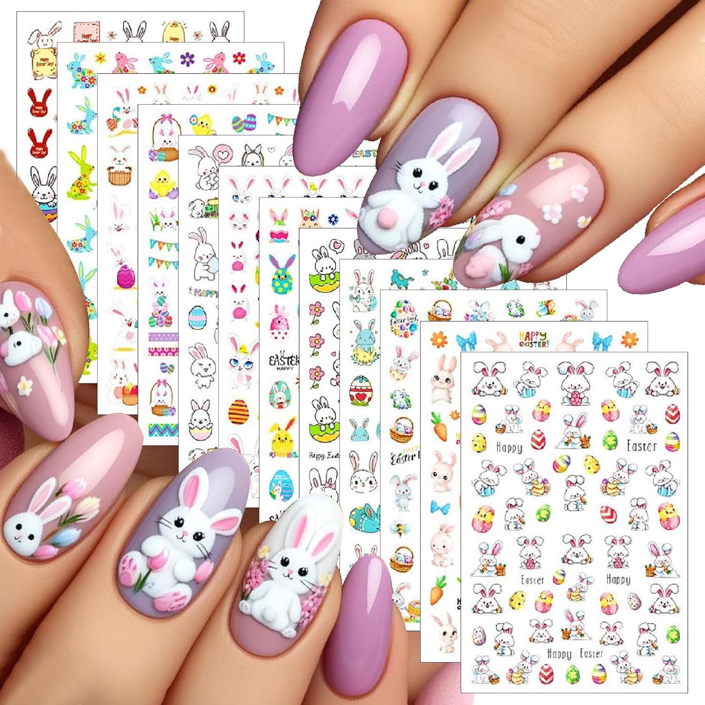 12 Sheets Easter Nail Art Stickers 3D Self-Adhesive Cute Bunny Nail Stickers Colorful Rabbit Eggs Carrot Design Carrot Nail Decals Easter Nail Supplies for Women Girls DIY Nail Art Decorations